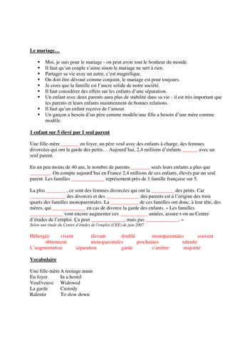 Le mariage / marriage worksheet