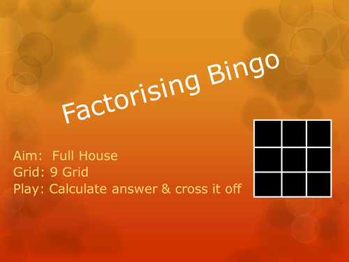 Algebra:Factorising Linear Expressions Bingo Game
