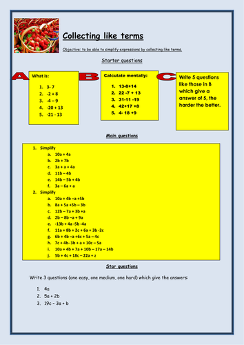 KS3 Maths- Algebra:Collecting like terms worksheet