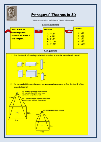 KS4 Maths worksheet: Using pythagoras' in 3D