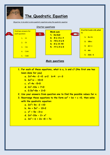 Algebra: Solving a Quadratic equation worksheet | Teaching Resources