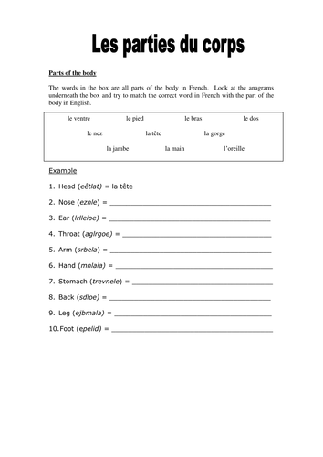 Body parts anagrams worksheet