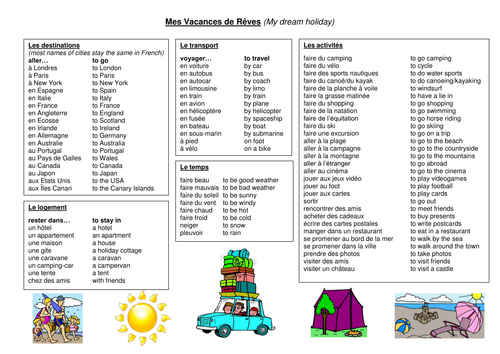 Holiday vocab sheet