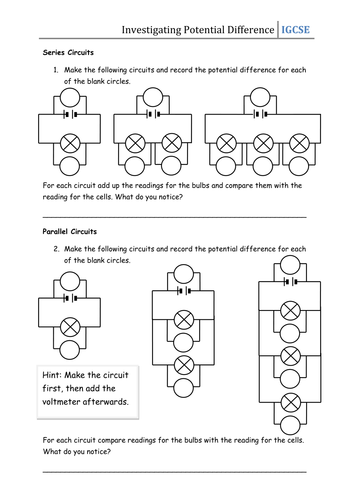 Worksheet - Investigating Potential Difference | Teaching Resources