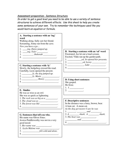 Sentence Structures Worksheet Teaching Resources