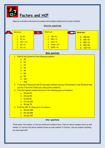 Factors and HCF worksheet