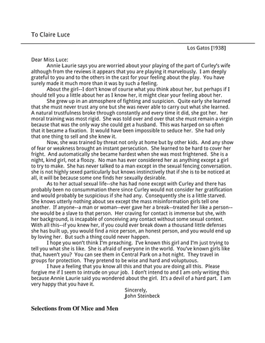Of Mice and Men Steinbeck's Letter to Miss Luce