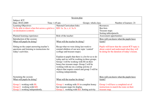 Children s Instruction Planning Sheet For Bee Bots By Ruthbentham 