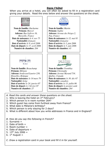 Reading task - hotel registration cards