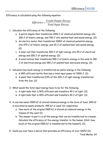 Worksheet - Efficiency | Teaching Resources