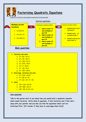 Factorising And Solving Quadratic Equations Includes Questions With