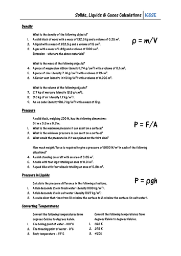 Worksheet - Solids, Liquids & Gases Calculations | Teaching Resources