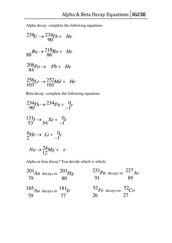 Worksheet Decay Equations Teaching Resources