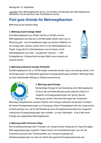 Mehrweg - Recycling Tasks, A Level German