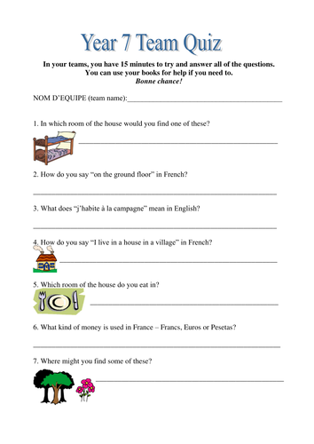 Team quiz sheet on house & home