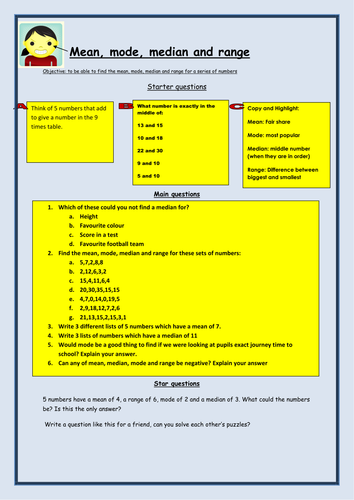 Mean,mode,median and range worksheet