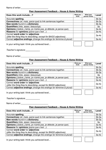 Feedback ticksheet for self & peer assessment Y7