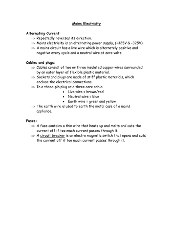 mains electricity revision notes | Teaching Resources