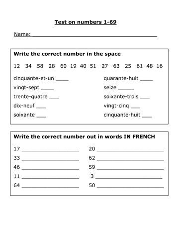 Test On Numbers 1 69 Teaching Resources