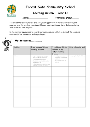 Student Log: Year 11 review page