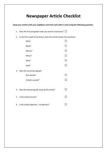Newspaper Article Checklist