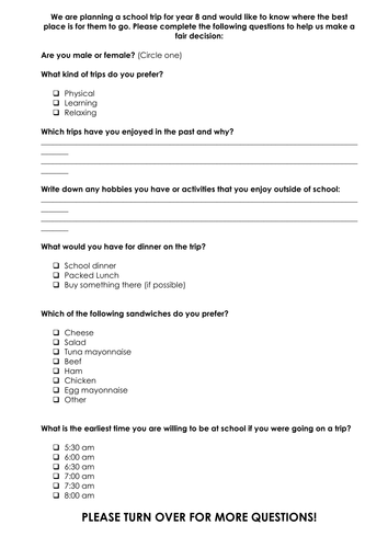 A range of questionnaires to be used as models