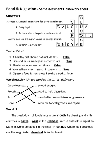 Food & Digestion Self-assessed homework sheet