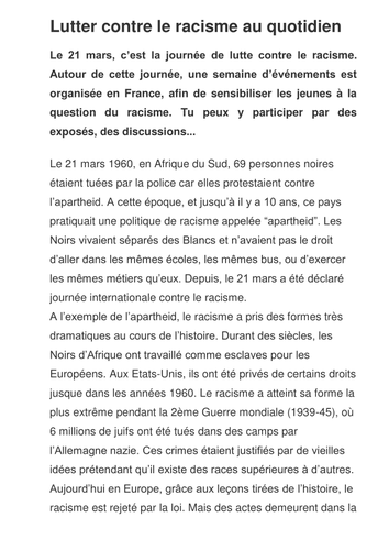 Article on la journée de lutte contre le racisme
