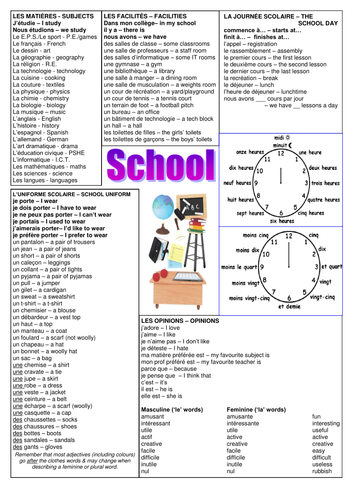 Vocab Sheet For Describing School Life Teaching Resources