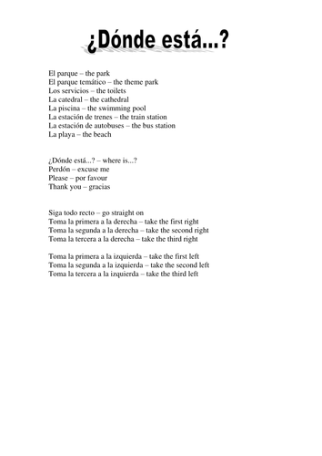 Vocab sheet - directions in a town