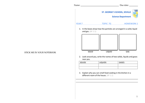 7G Homework worksheet (solids liquids gases)