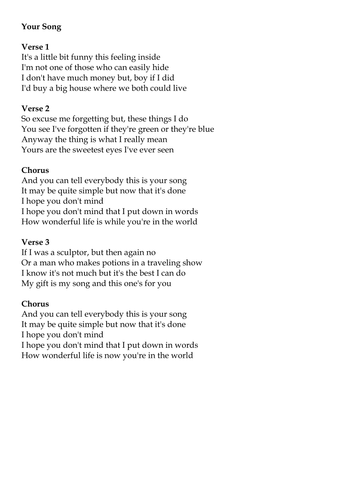 Your Song Ellie Goulding Version Chords Lyrics Teaching Resources