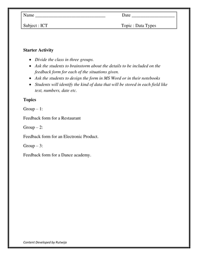 Starter activity for Introduction of Data Types