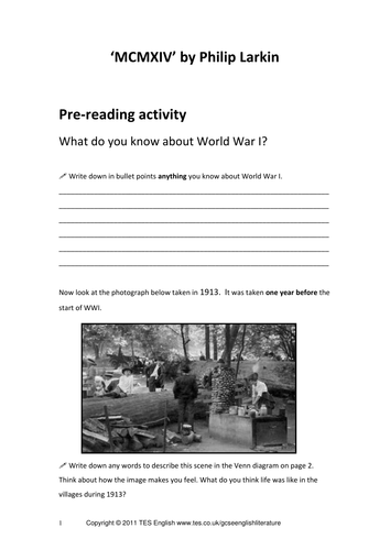 'MCMXIV' by Philip Larkin Teaching Resources