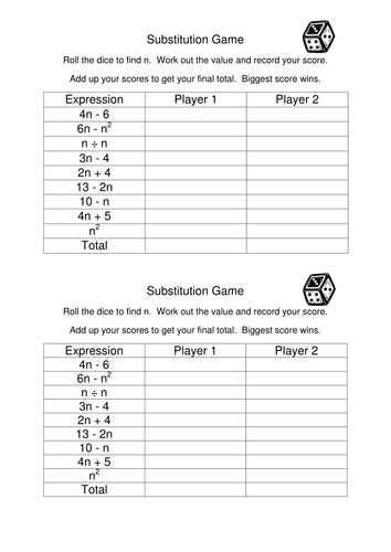 algebra substitution game ks3 teaching resources