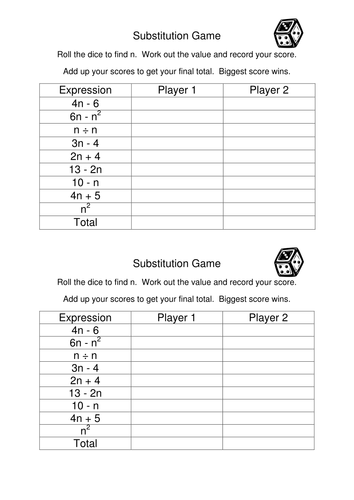 Algebra Substitution Game - KS3