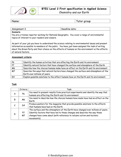 BTEC Applied Science: Changes to Earth Assignment