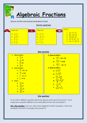 Gcse Algebraic Fractions Worksheet By Bcooper87 Teaching Resources