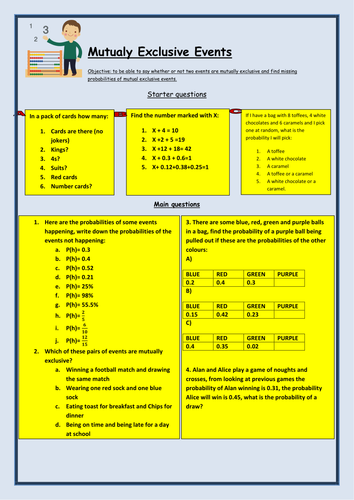 Mutually exclusive events | Teaching Resources