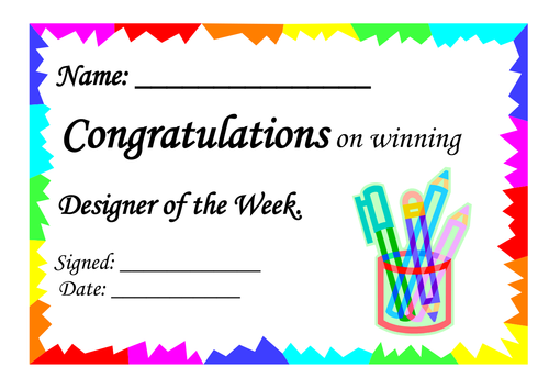 Designer of the Week Certificate.