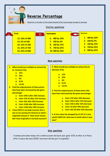 GCSE Reverse Percentage Worksheet