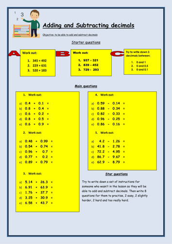 Adding and Subtracting Decimals Worksheet by bcooper87 - Teaching