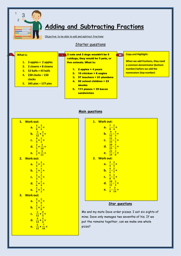 Adding and Subtracting Fractions Worksheet