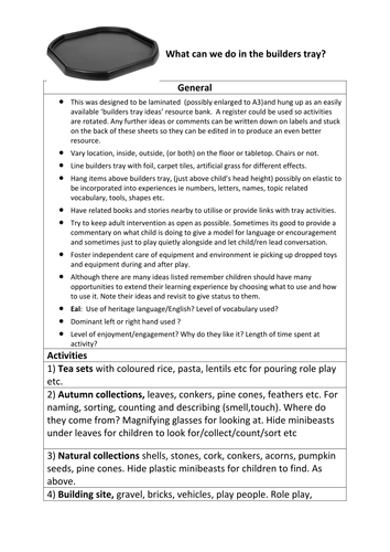 Builders tray activities Early Years