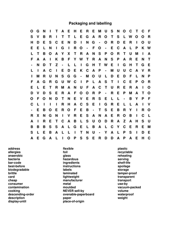 Packaging and Labelling wordsearch