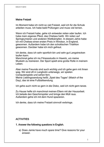 Reading Comprehension Meine Freizeit Teaching Resources