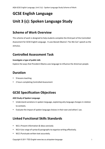 SoW Spoken Language Study Controlled Assessment