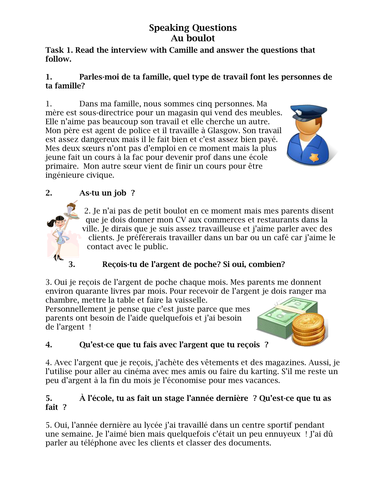 Au boulot reading sheet