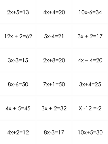 Simple linear equations matching cards