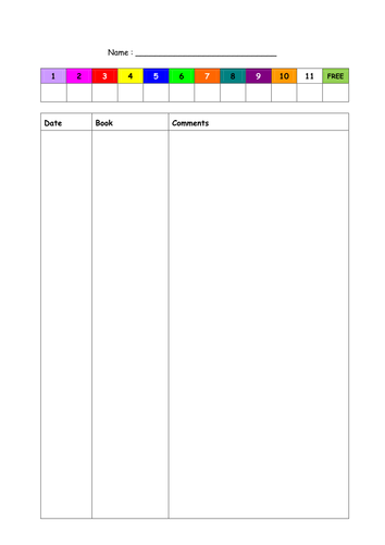 Individual reading record sheet (book bands)